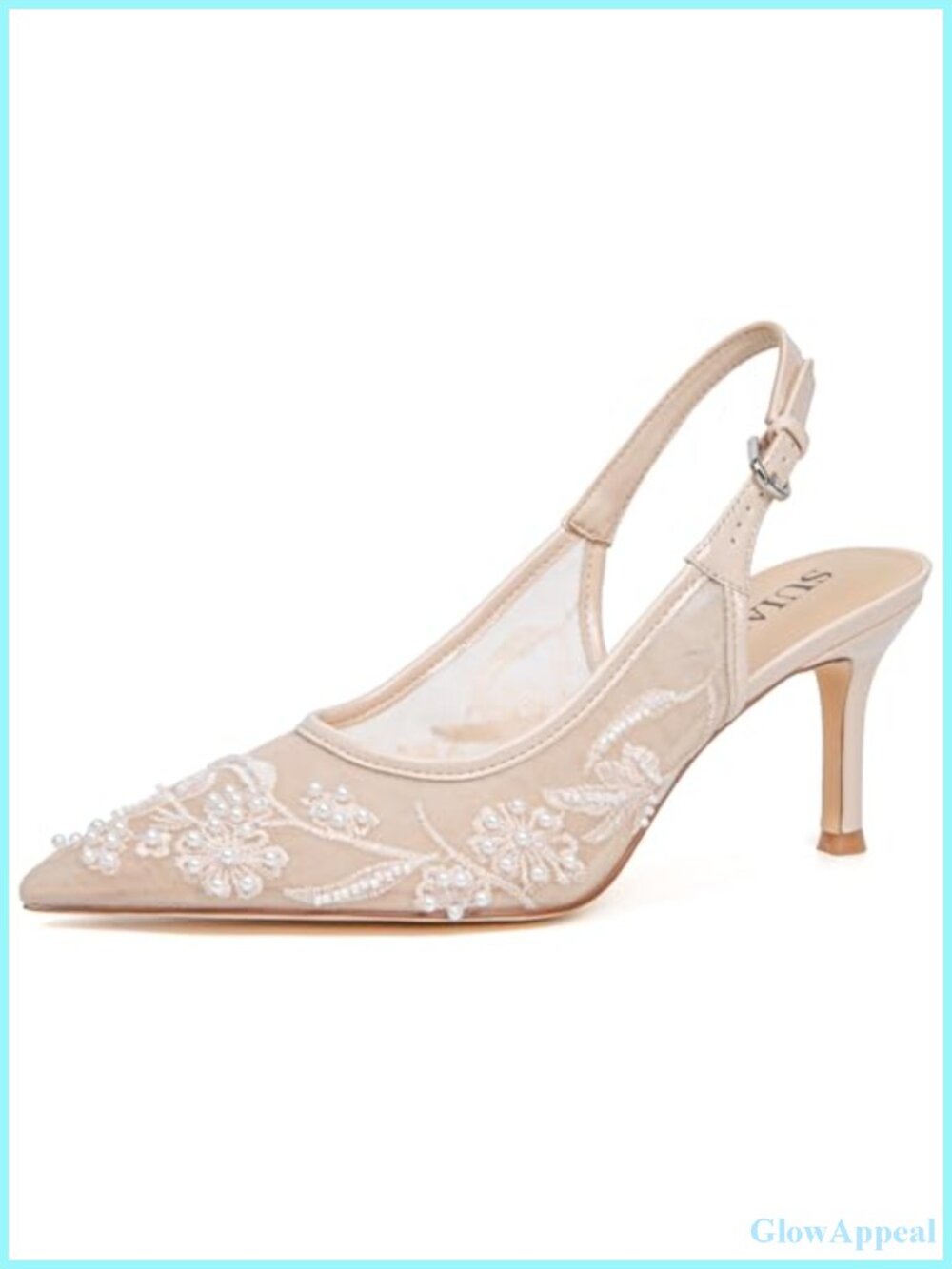 Lace Mesh Pearl Kitten Heel Slingback Pumps
